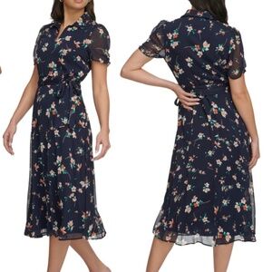 DKNY Floral Chiffon Polo-Collar Midi Dress